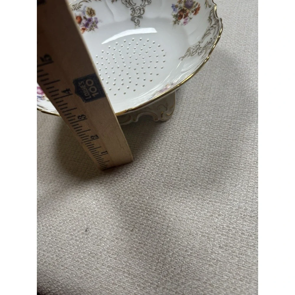 Antique Saxe Porcelain Berry Bowl Strainer Colander Footed Floral Gold
